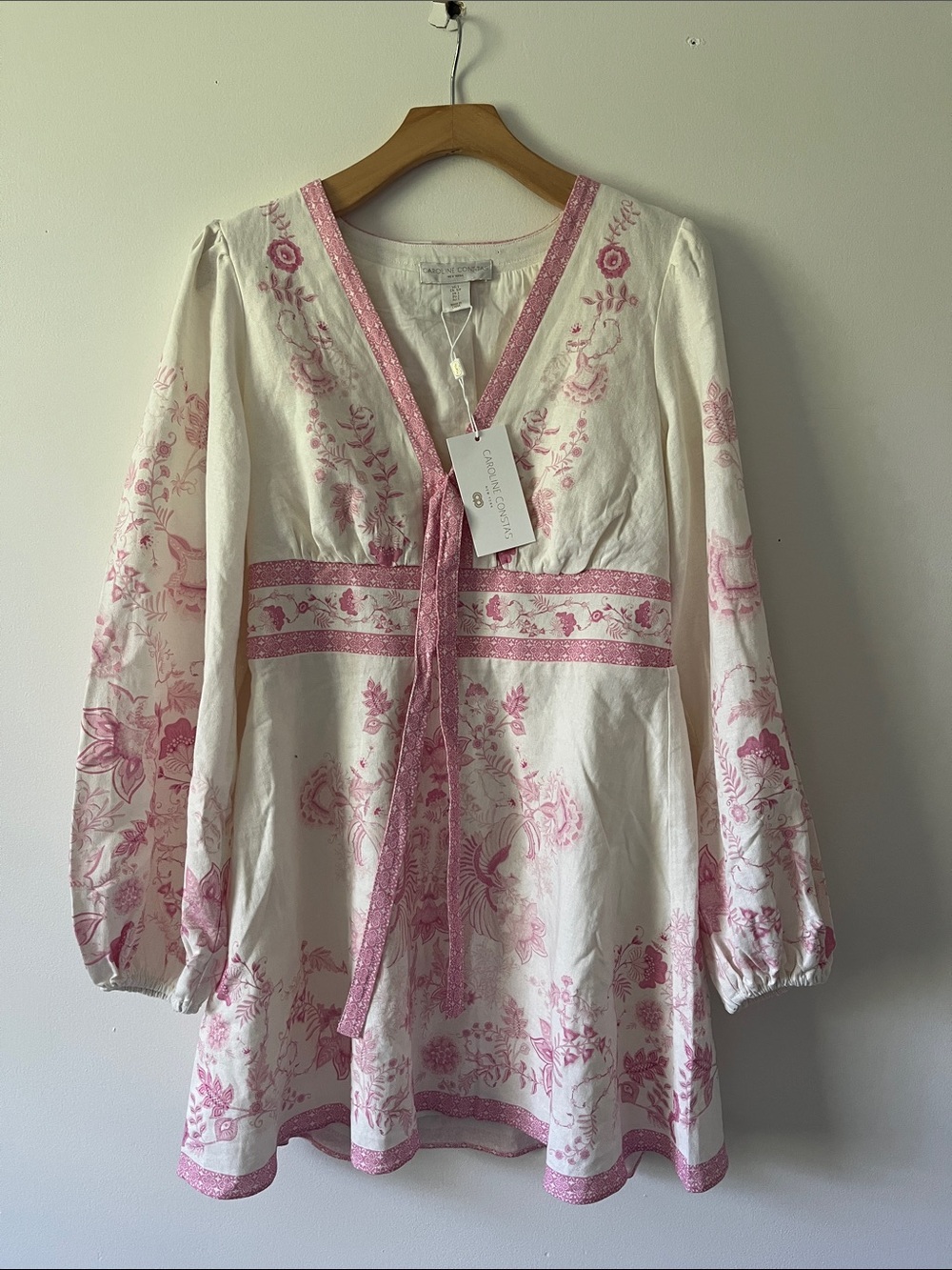 NWT Caroline Constas Cream Linen Dress with Pink Floral Embroidery Size Small